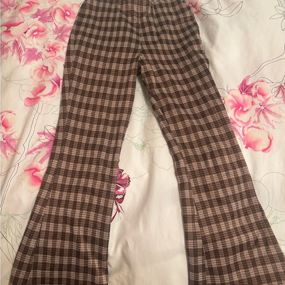 Brown Plaid Flared Pants
